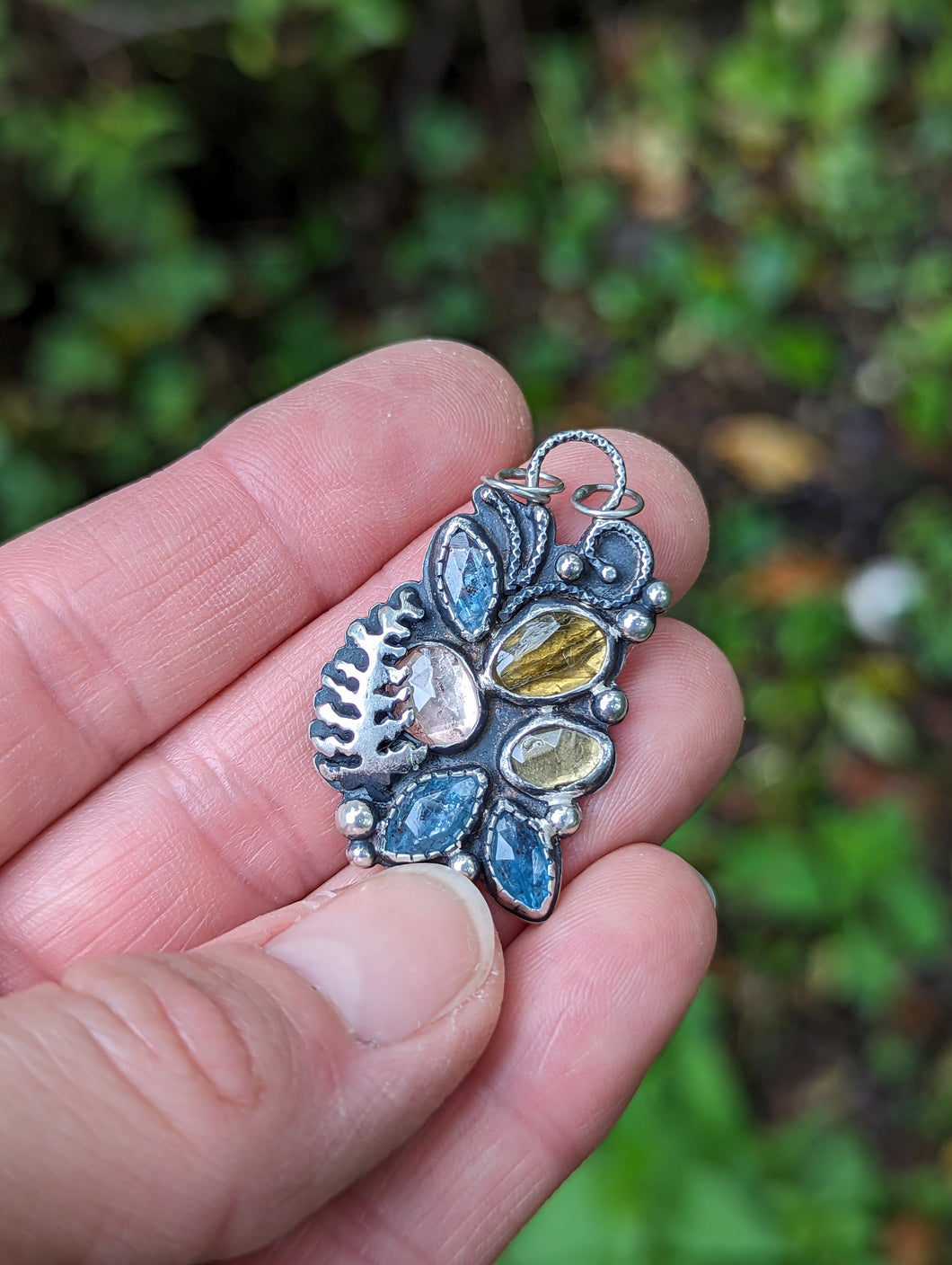 Tourmaline +Kyanite + Sterling Silver Fern Pendant