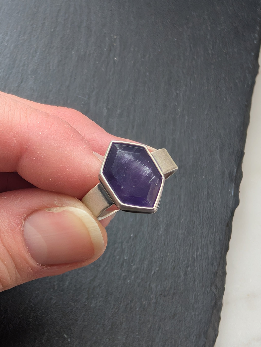 Sterling Silver + Hexagon Amethyst Ring Size 8