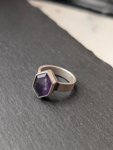 Sterling Silver + Hexagon Amethyst Ring Size 8