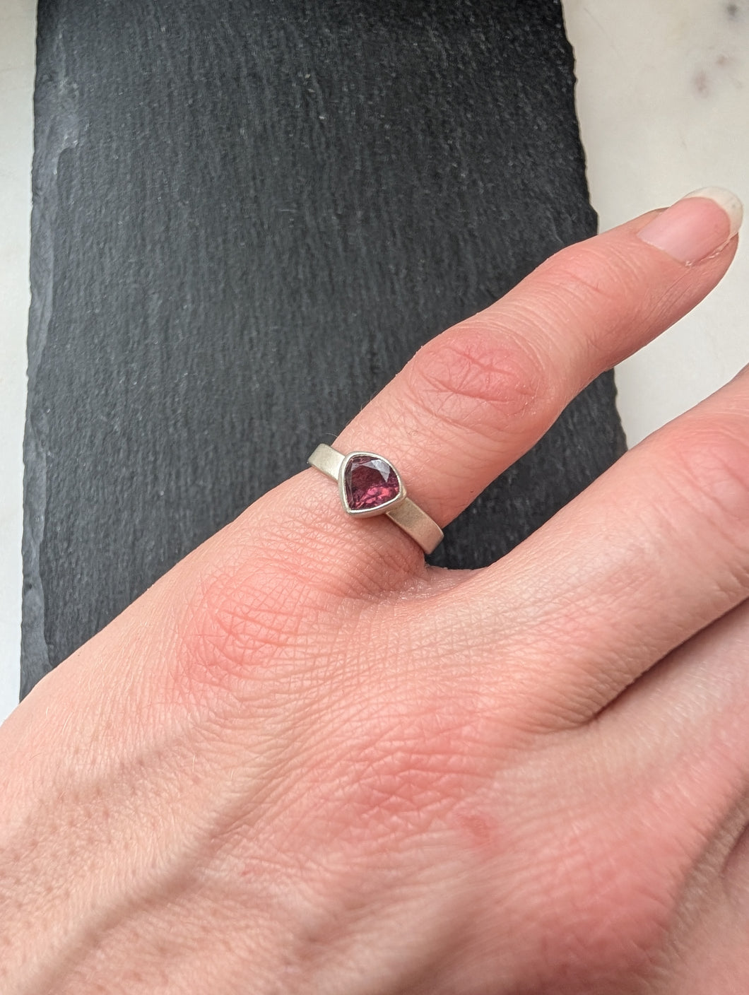 Sterling Silver + Trillion Cut Pink Tourmaline Pinky Ring Size 3.5