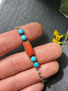 Coral + Turquoise + Sterling Silver Bracelet