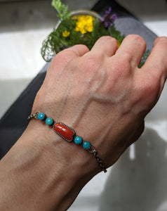 Coral + Turquoise + Sterling Silver Bracelet