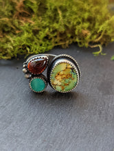 Load image into Gallery viewer, Hubei Turquoise + Garnet + Sterling Silver Open Shank 3 Stone Ring - Size 7
