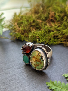 Hubei Turquoise + Garnet + Sterling Silver Open Shank 3 Stone Ring - Size 7