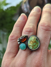 Load image into Gallery viewer, Hubei Turquoise + Garnet + Sterling Silver Open Shank 3 Stone Ring - Size 7
