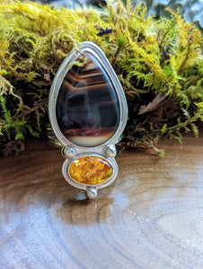 Sterling Silver + Montana Agate and Amber Ring - Size 9.25