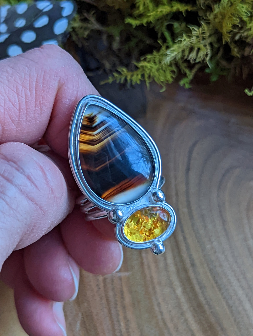 Sterling Silver + Montana Agate and Amber Ring - Size 9.25