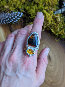 Sterling Silver + Montana Agate and Amber Ring - Size 9.25