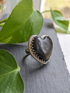 Black Heart + Sterling Silver Ring in Gallery Wire - Size 10