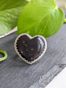 Black Heart + Sterling Silver Ring in Gallery Wire - Size 10