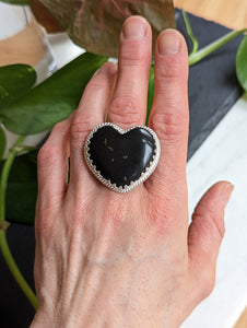 Black Heart + Sterling Silver Ring in Gallery Wire - Size 10